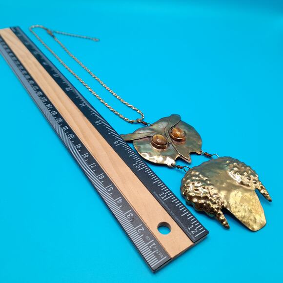 Owl Pendant Gemstone Eyes Necklace, Brass Metal, Gold Tone Chain - Picture 11 of 11